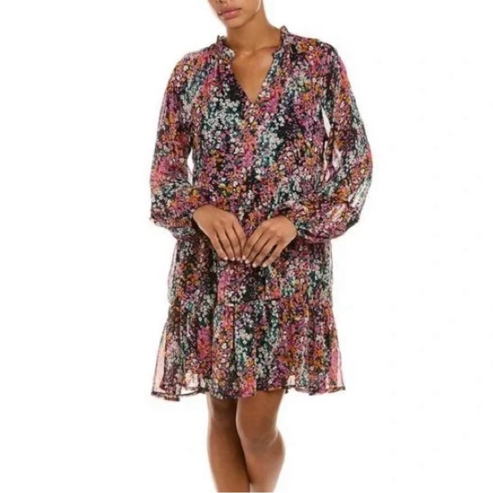 Vince Camuto V-neck Floral Tiered Ruffle Chiffon Mini Dress Women's Medium New